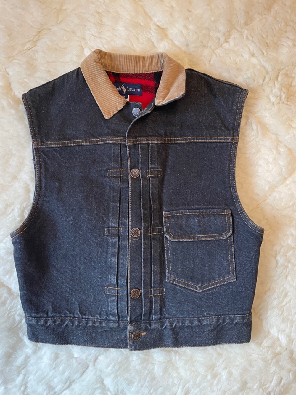 Ralph Lauren Navy Denim Vest with Tan Corduroy Collar Size 4